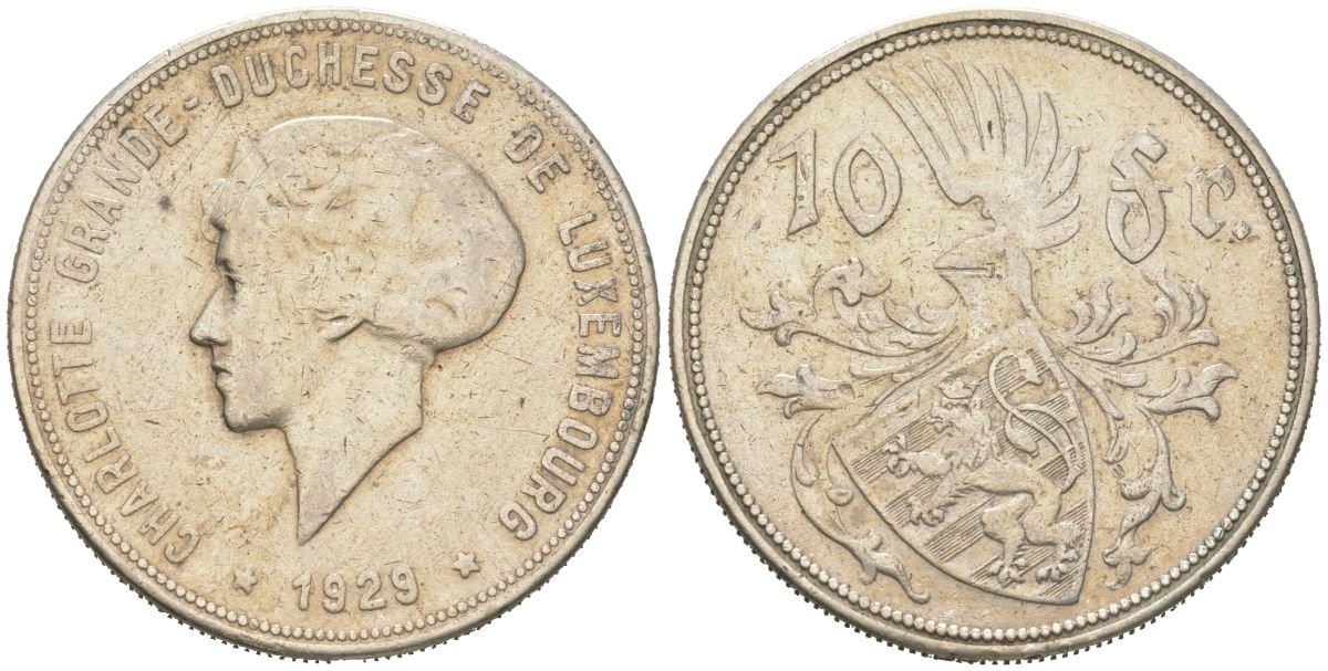 Люксембург 10 франков 1929 Шарлотта (1919-1964) KM 39 серебро 109-621