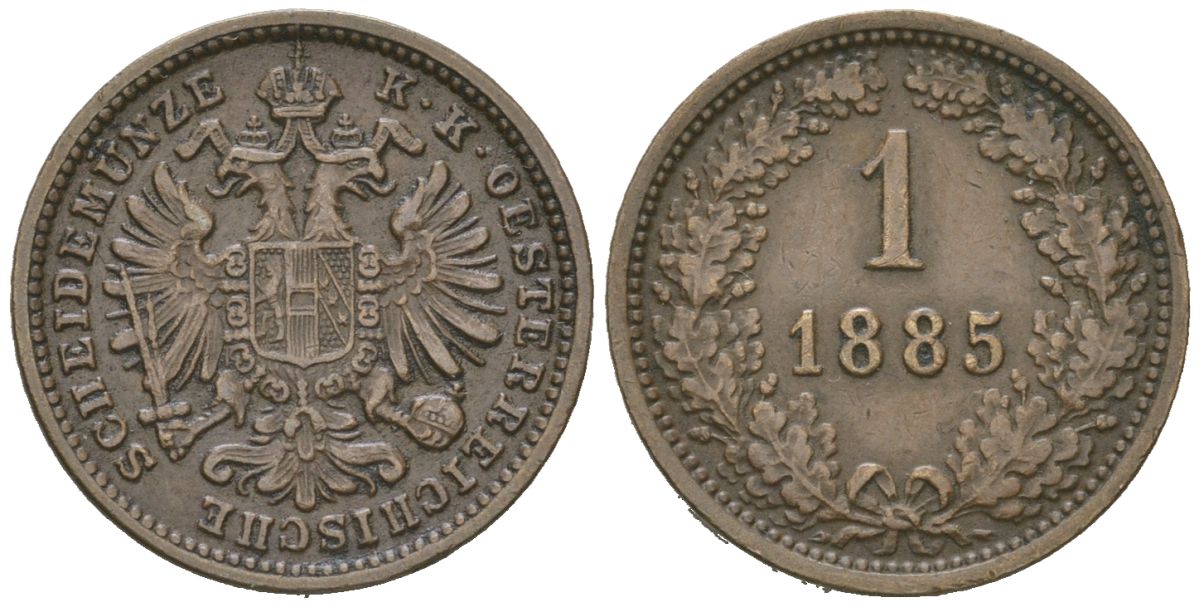 Австрия 1 крейцер 1885 A, Франц Иосиф I (1848-1916) KM 2187 медь 4617-947