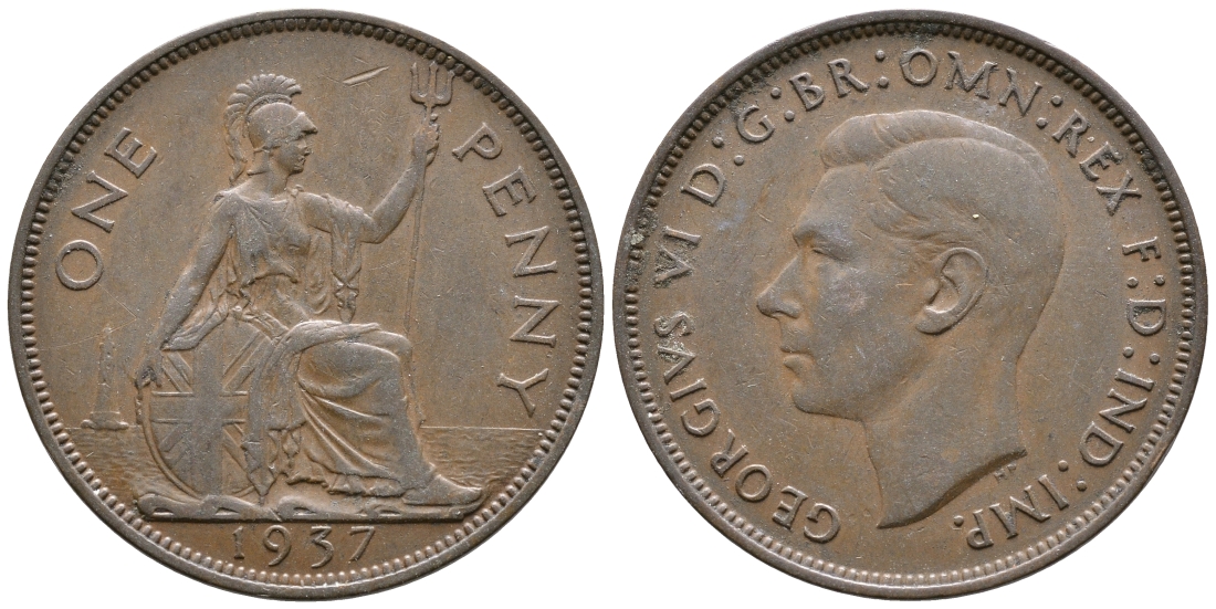 Великобритания 1 пенни 1937 Георг VI (1936-1952) KM 845, Spink 4114 бронза 4364-4234