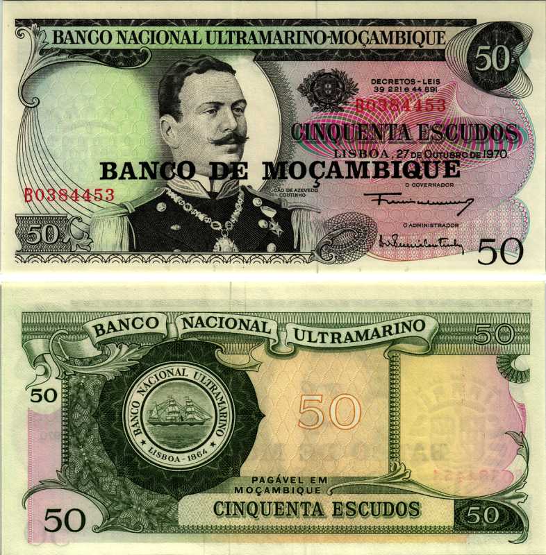 Мозамбик 50 эскудо 1970 (1976) надпечатка на 1970, Жоао де Азеведо Коутиньо Pick 116 a бумага UNC (пресс) 7487-10-1
