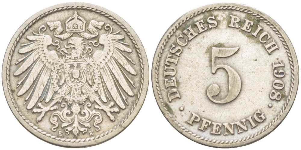 Германия 5 пфеннигов 1908 E KM 11, Jager 12, Weege 6 медно-никель 206-1224