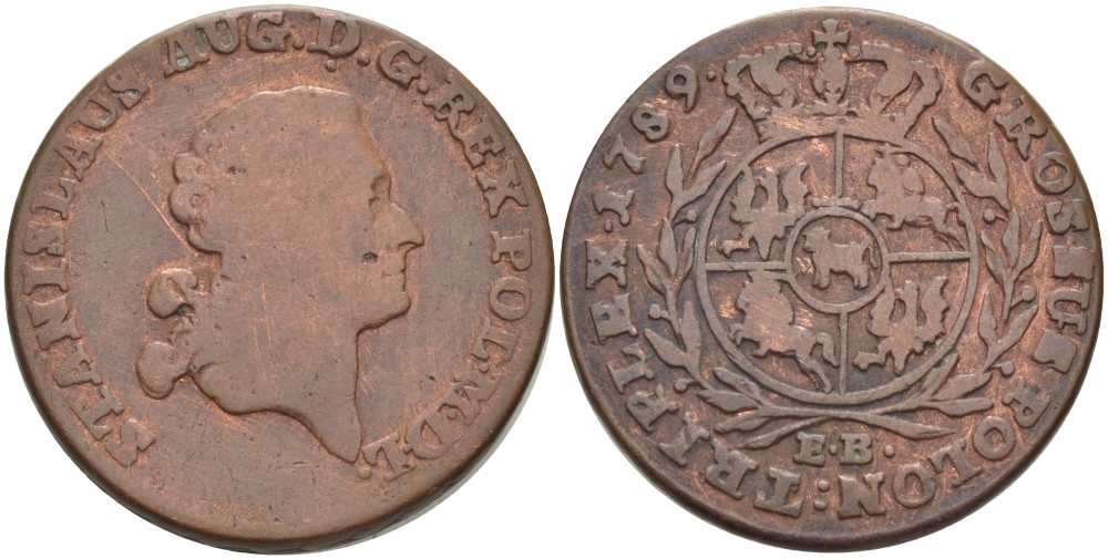 ПОЛЬША 3 ГРОША 1789 EB, СТАНИСЛАВ АВГУСТ (1764-1795) KM 182 (С41а) медь 441-1215