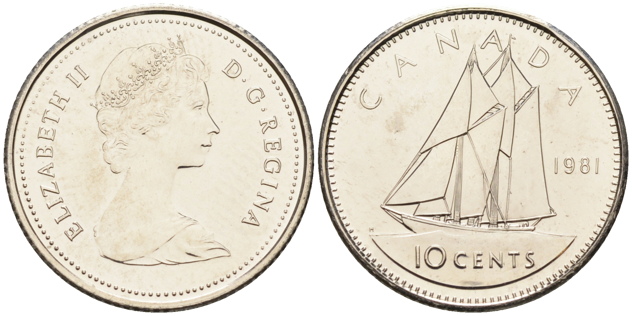 Канада 10 центов 1981 Елизавета II (1952-2022), парусник KM 77.2 никель  UNC  4147-359