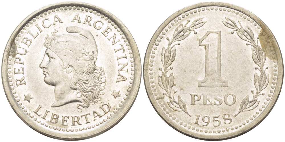 Аргентина 1 песо 1958 голова свободы влево KM 57 сталь плакированная никелем 4514-932