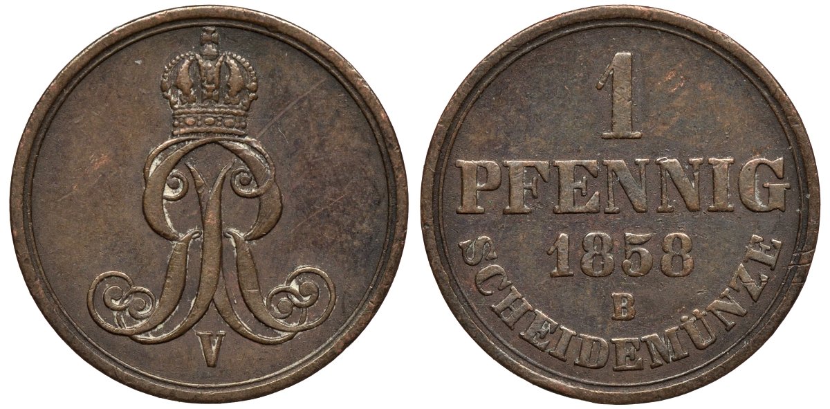 Ганновер 1 пфенниг 1858 B, Георг V KM 233, AKS 156, J. 90 медь 4594-156