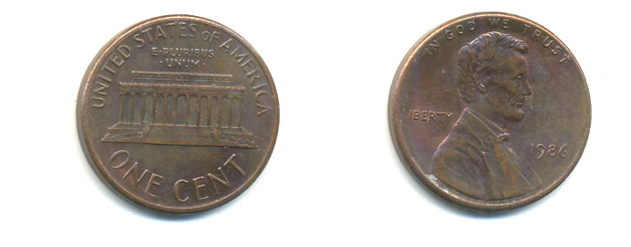 США 1 ЦЕНТ 1986 ЛИНКОЛЬН KM 201b цинк плакированный медью UNC 179-416