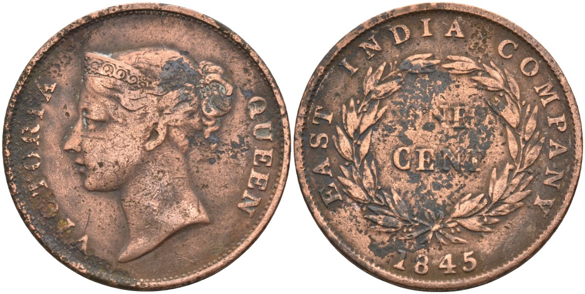 Стрейтс-Сетлментс 1 цент 1845 Виктория (1837-1901), Ост-Индская компания KM 3 медь 4590-144