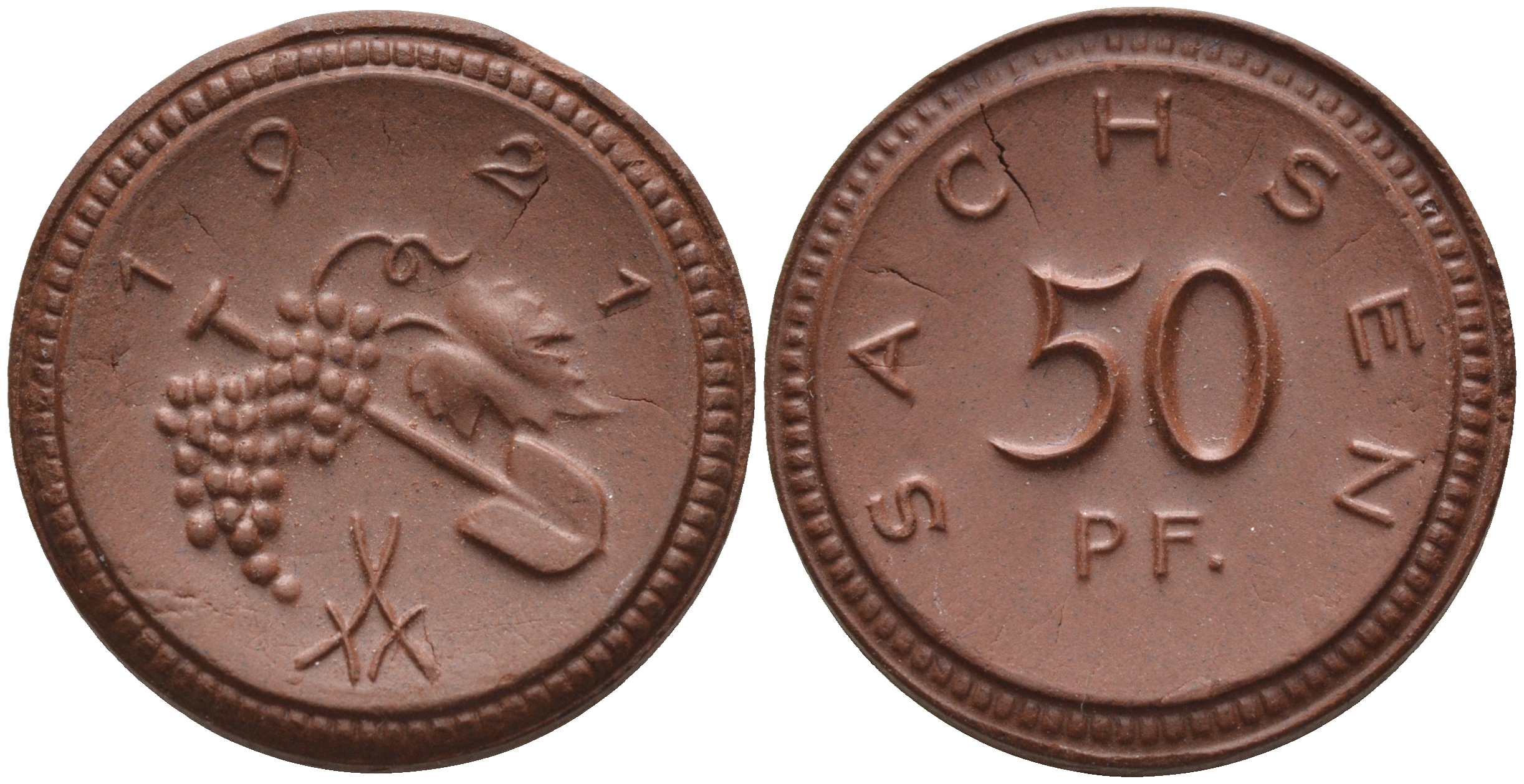 Саксония 50 пфеннигов 1921 виноград и лопата J. N 54 фарфор 1094-5-15