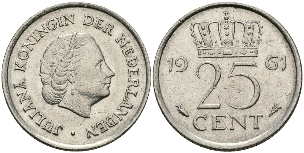 НИДЕРЛАНДЫ 25 ЦЕНТОВ 1961 ЮЛИАНА KM 183 никель 96-147