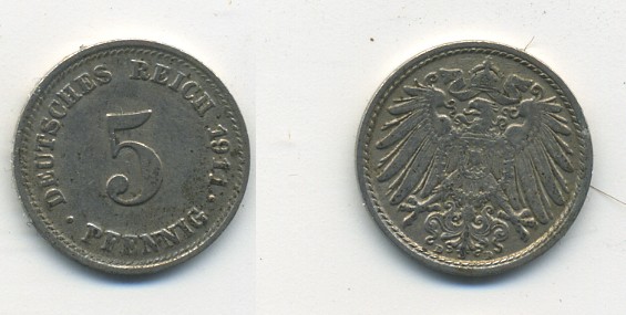 Германия 5 пфеннигов 1911 D KM 11, J. 12, Weege 6 медно-никель 23-934