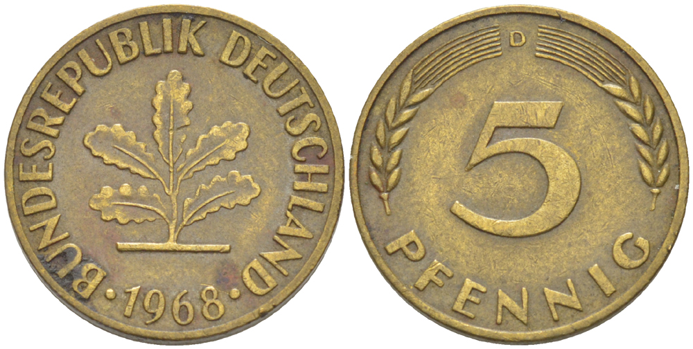 ФРГ 5 ПФЕННИГОВ 1968 D KM 107, J. 382 сталь плакированная латунью 4181-919