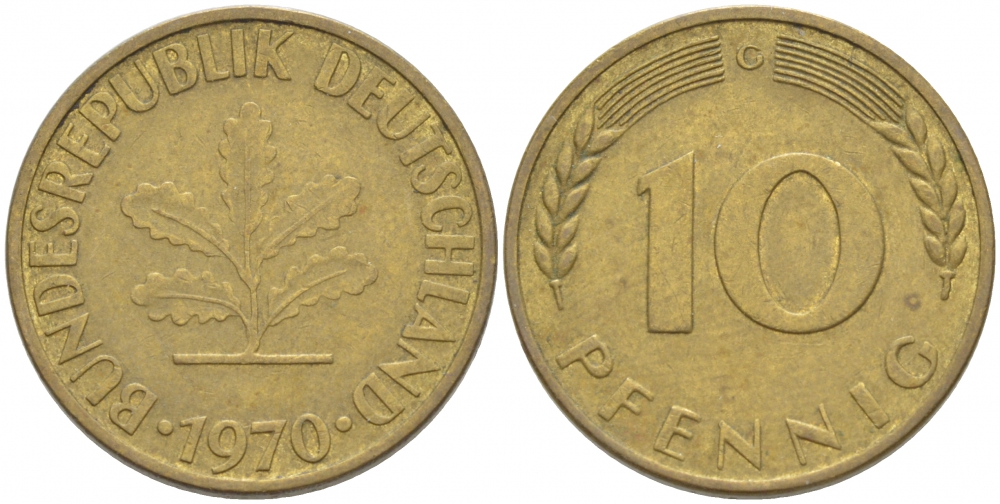 ФРГ 10 ПФЕННИГОВ 1970 G KM 108 J. 383 сталь плакированная латунью 4539-921