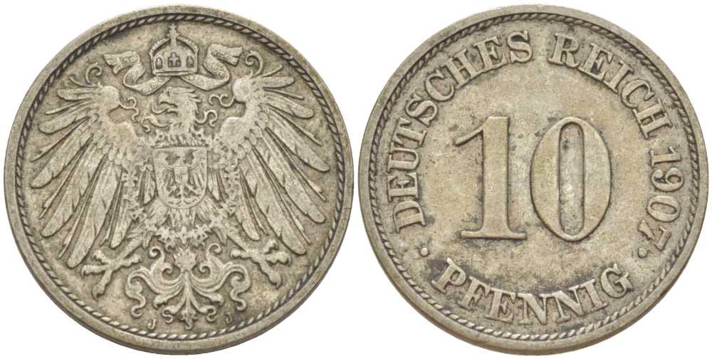 Германия 10 пфеннигов 1907 J KM 12, J. 13, Weege 8 медно-никель 259-927