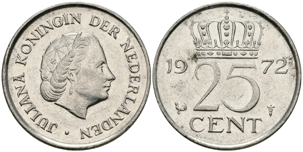 Нидерланды 25 центов 1972 Юлиана (1948-1980) KM 183 никель 96-228