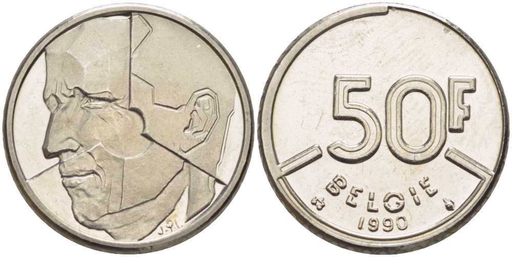 БЕЛЬГИЯ 50 ФРАНКОВ 1990 BELGIE, БОДУЭН I (1951-1993) KM 169 никель 4384-613