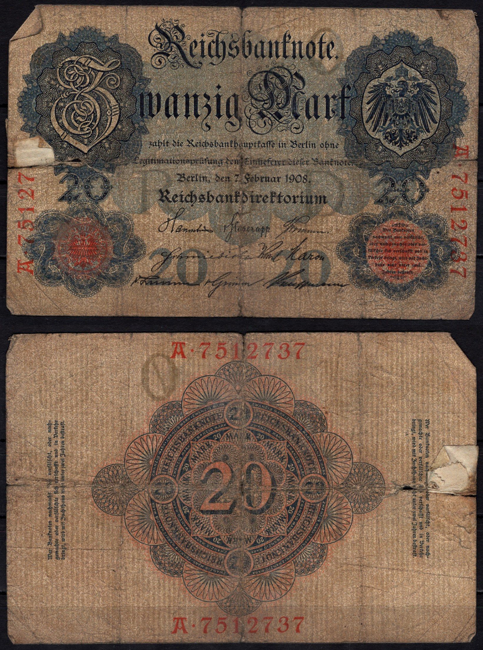 Германия 20 марок 1908 Pick 31 бумага 6293-29-3-2