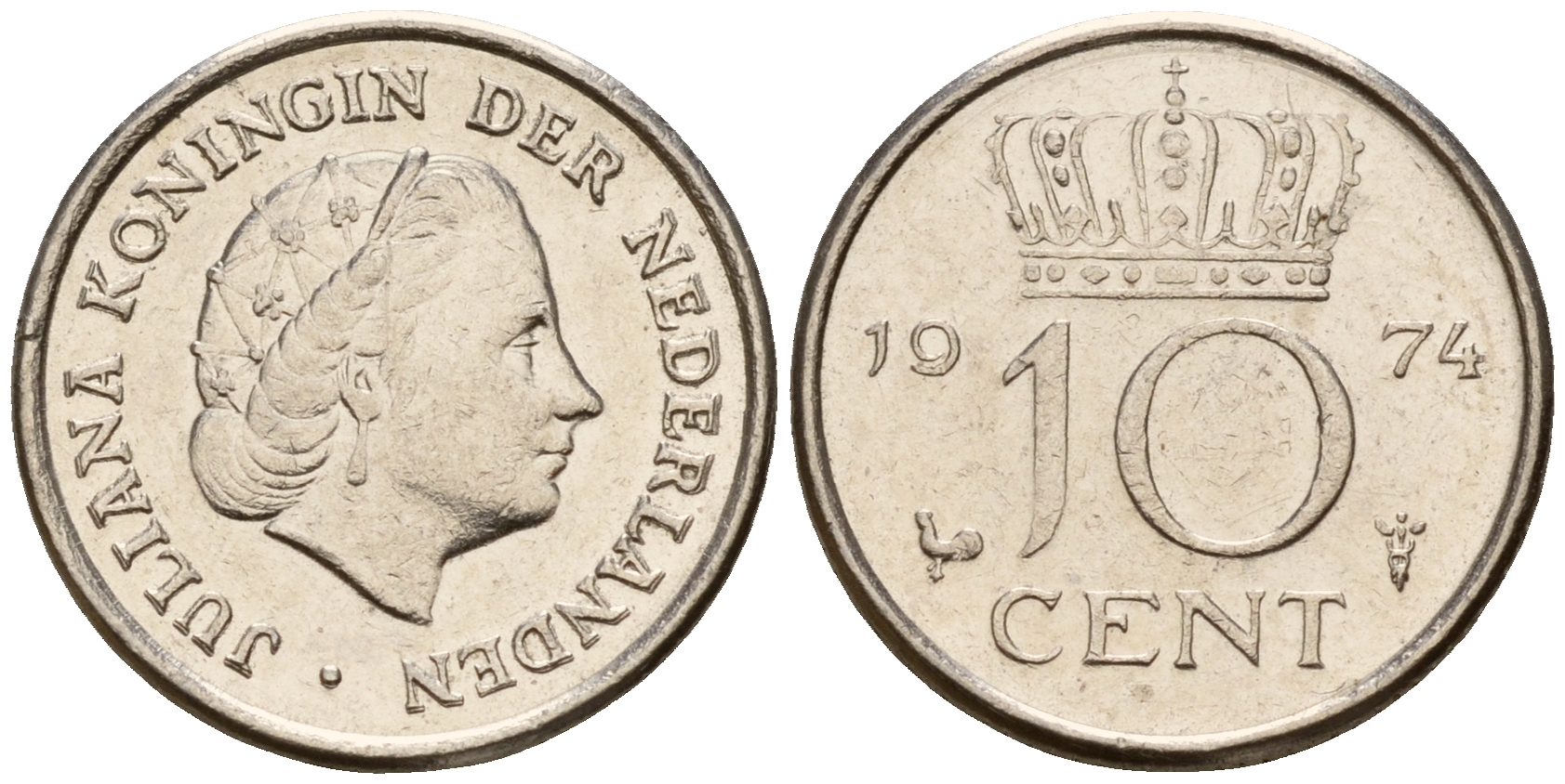 Нидерланды 10 центов 1974 Юлиана (1949-1980) KM 182 никель    4598-317