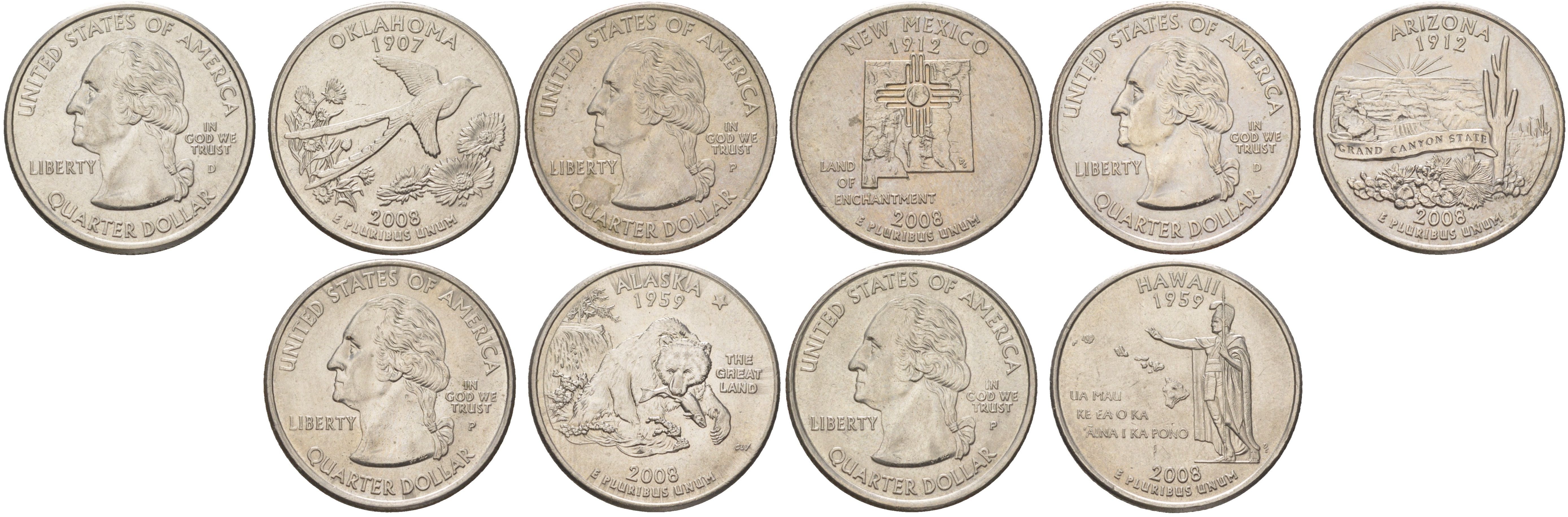 США годовой набор из 5 монет (25 центов, квотер, 1/4 доллара) серии квотеры 50 штатов 2008 Квотер штата Оклахома, Нью-Мексико, Аризона, Аляска и Гавайи KM 421, 422, 423, 424 и 425 медь плакированный медно-никелем UNC 4629-153-157