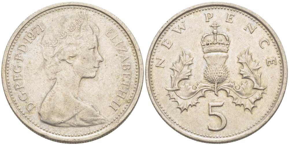 Великобритания 5 пенсов 1971 Елизавета II (1952-2022) KM 911, Spink 4233 (D1) медно-никель 217-716