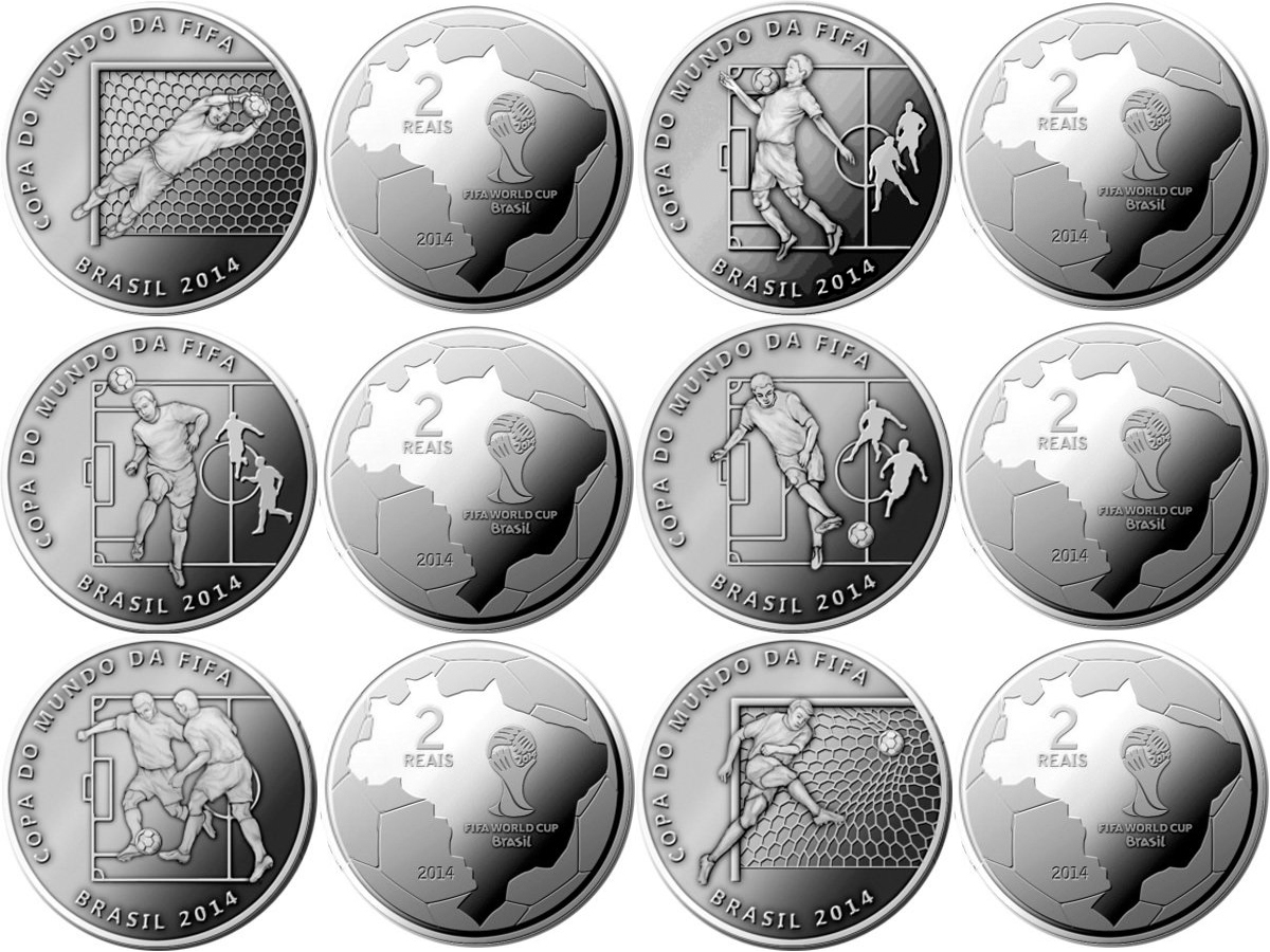 Бразилия набор из 6 монет по 2 реал 2014 Чемпионат мира по футболу в Бразилии KM 691, 692, 693, 694, 695, 696 медно-никель  UNC  M71-19