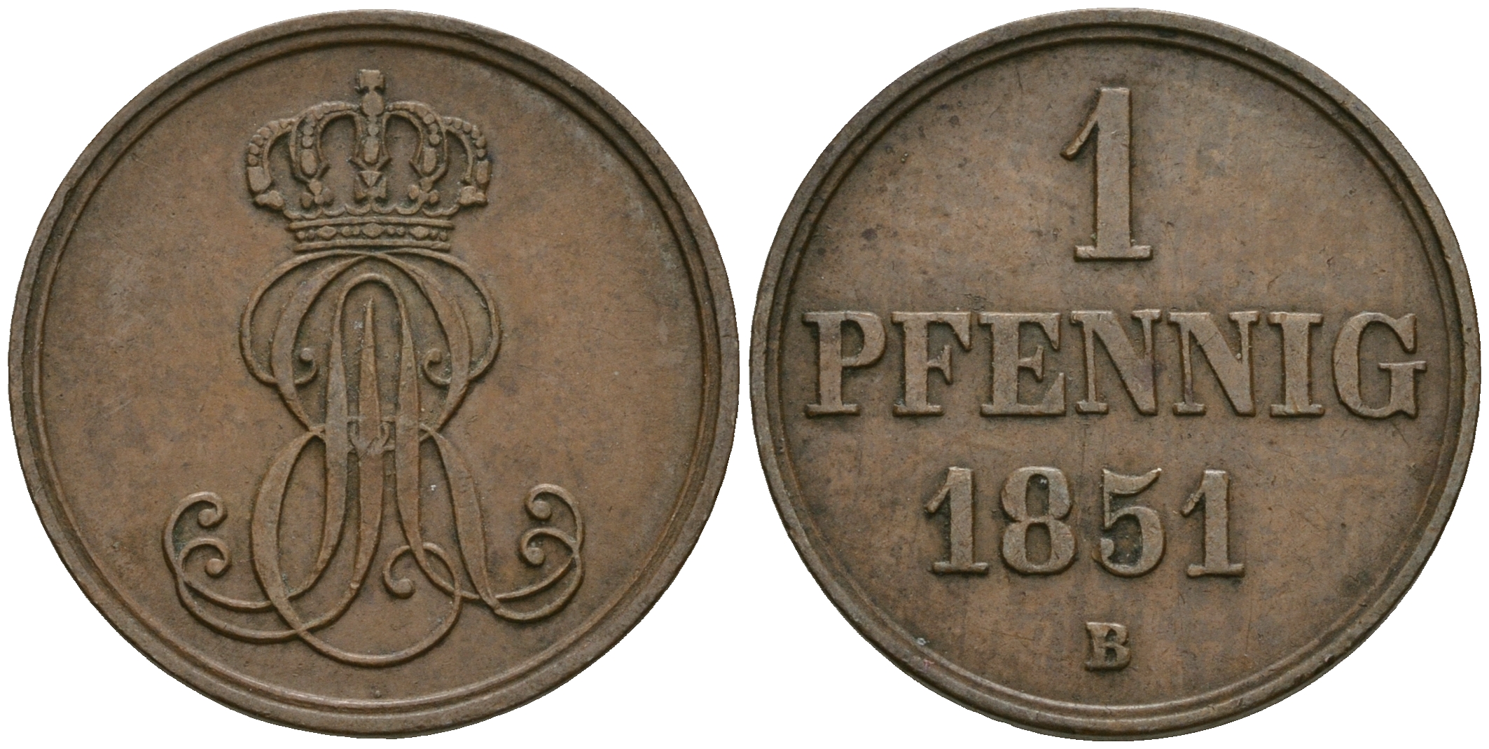 Ганновер 1 пфенниг 1851 B, Эрнст Август (1837-1851) KM 201.1, AKS 129, J. 74 медь 4608-1123