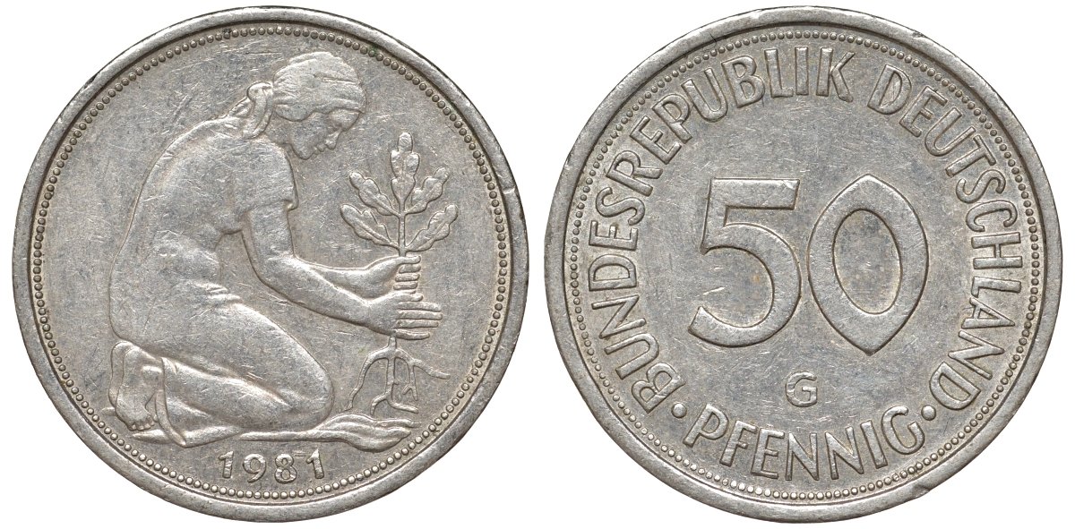 ФРГ 50 пфеннигов 1981 G KM 109, J. 384 медно-никель 4132-654
