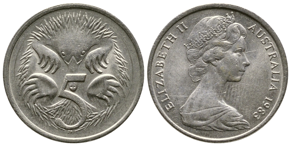 АВСТРАЛИЯ 5 ЦЕНТОВ 1983 ЕЛИЗАВЕТА II, МОЛОДОЙ ПОРТРЕТ, ЕХИДНА KM 64 медно-никель 84-826
