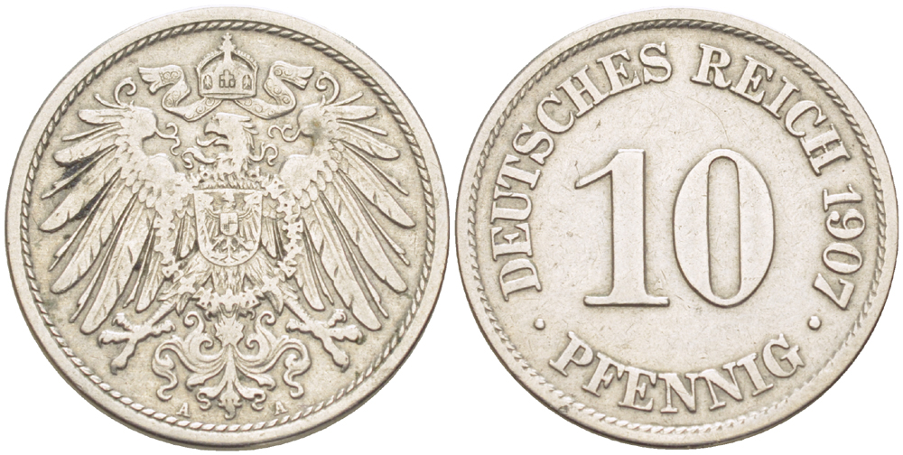 Германия 10 пфеннигов 1907 A KM 12, J. 13, Weege 8 медно-никель 4182-711