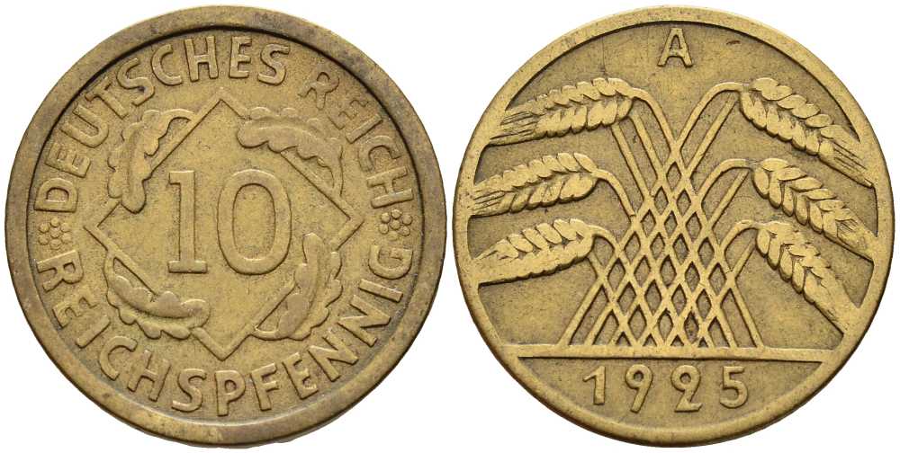 ГЕРМАНИЯ 10 РЕЙХСПФЕННИГОВ 1925 A KM 40, J. 317 алюминиевая бронза 4401-422