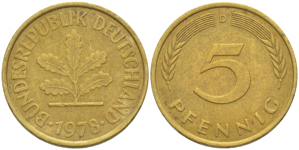 ФРГ 5 ПФЕННИГОВ 1978 D KM 107, J.382 сталь плакированная латунью 3996-1153