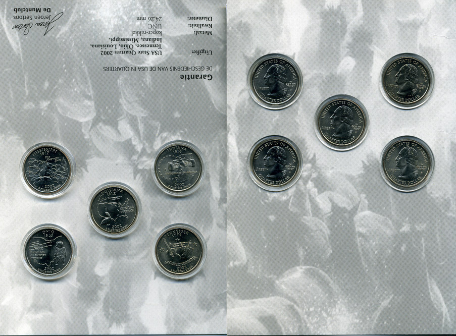 США набор из 5 монет 2002 квотеры, штаты США, Теннеси P, Луизиана P, Огайо D, Индиана P, Миссисипи P, монеты в капсулах и оригинальном буклете KM 331, 333, 332, 334, 335 медь покрытая медно-никелем  UNC  1181-2-10