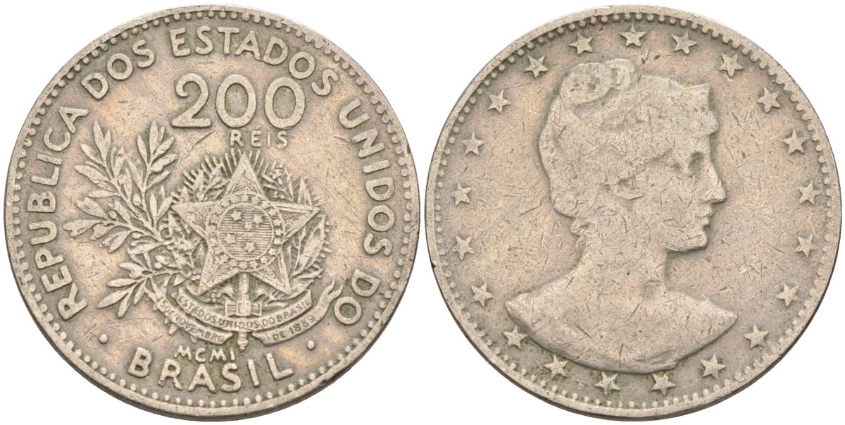 Бразилия 200 рейс 1901 голова свободы вправо KM 504 медно-никель 4589-1116