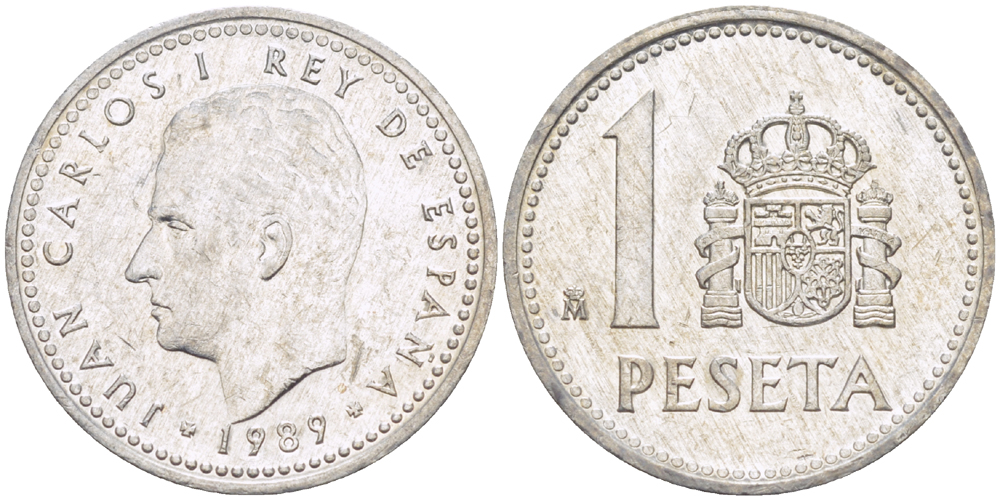 ИСПАНИЯ 1 ПЕСЕТА 1989 ХУАН КАРЛОС I ( 1975-) KM 821 алюминий 216-432