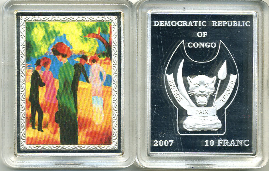 Конго 10 франков 2007 серия шедевры мировой живописи, МАКЕ АВГУСТ, ДАМА В ЗЕЛЕНОМ ЖАКЕТЕ, серебрение, размер 35Х46 мм., цветная эмаль медно-никель PROOF M43-18