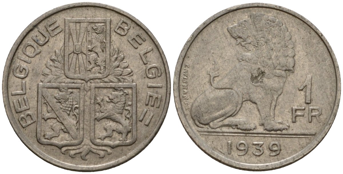 Бельгия 1 франк 1939 Belgique - Belgie KM 119 никель 4603-1231