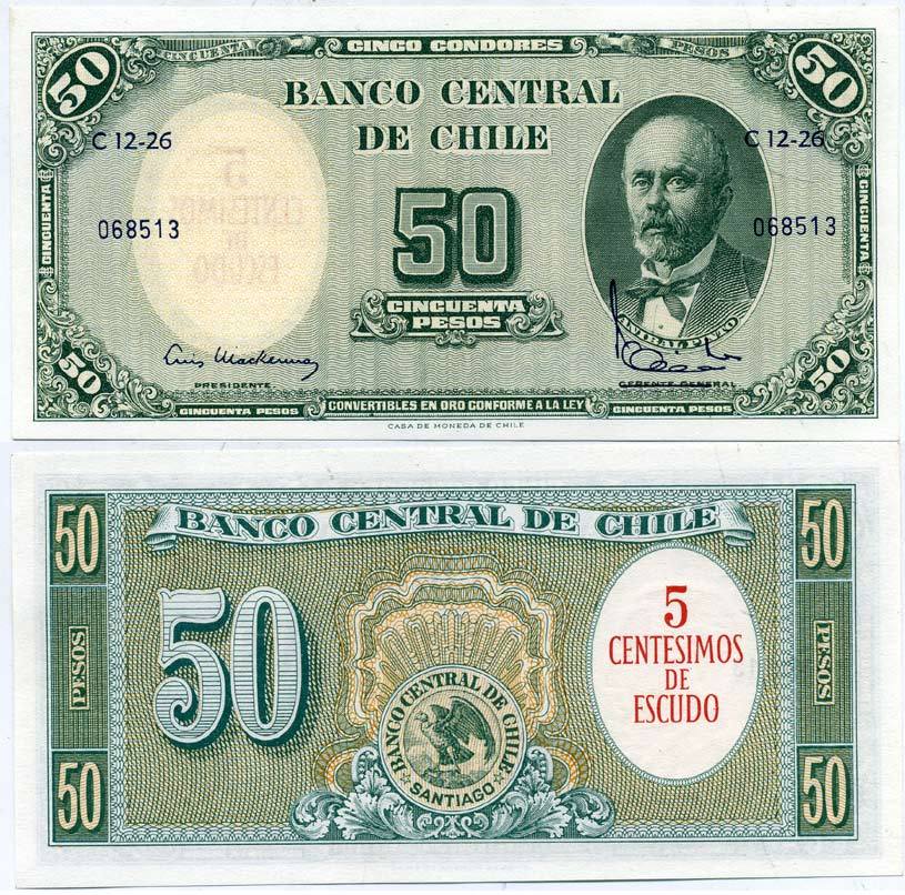 Чили 5 сентесимо ND (1960-1961) надпечатка на 50 песо, Анибаль Пинто, 22 мм. Pick 126b бумага UNC (пресс) 7484-74-1