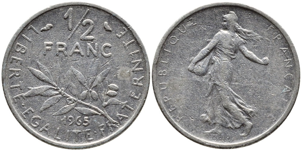 Франция 1/2 франка 1965 сеятель KM 931, Le Franc 198.3 никель 4392-459