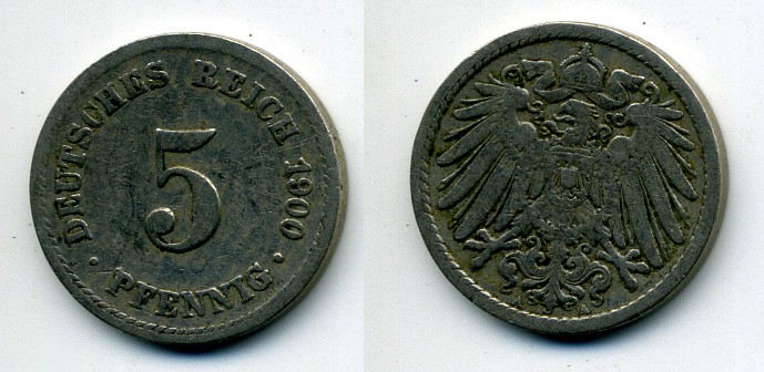 ГЕРМАНИЯ 5 ПФЕННИГОВ 1900 A, KM 11, J. 12 медно-никель 58-1135