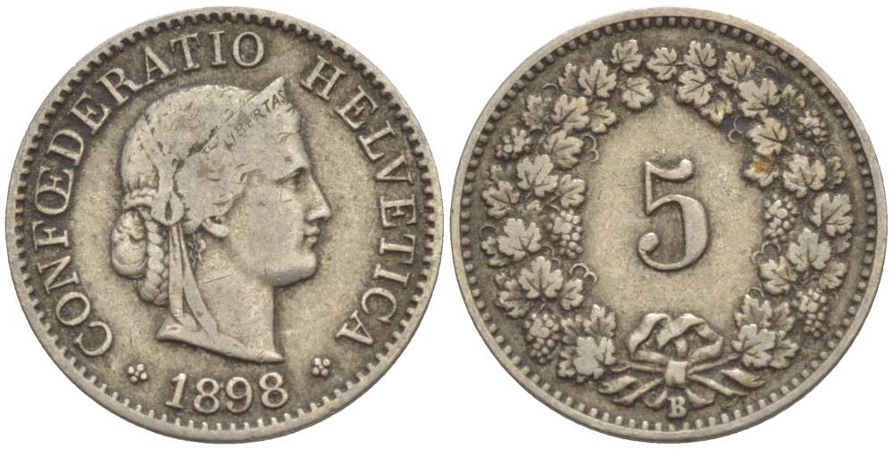 ШВЕЙЦАРИЯ 5 РАППЕНОВ 1898 В KM 26 медно-никель 4532-912