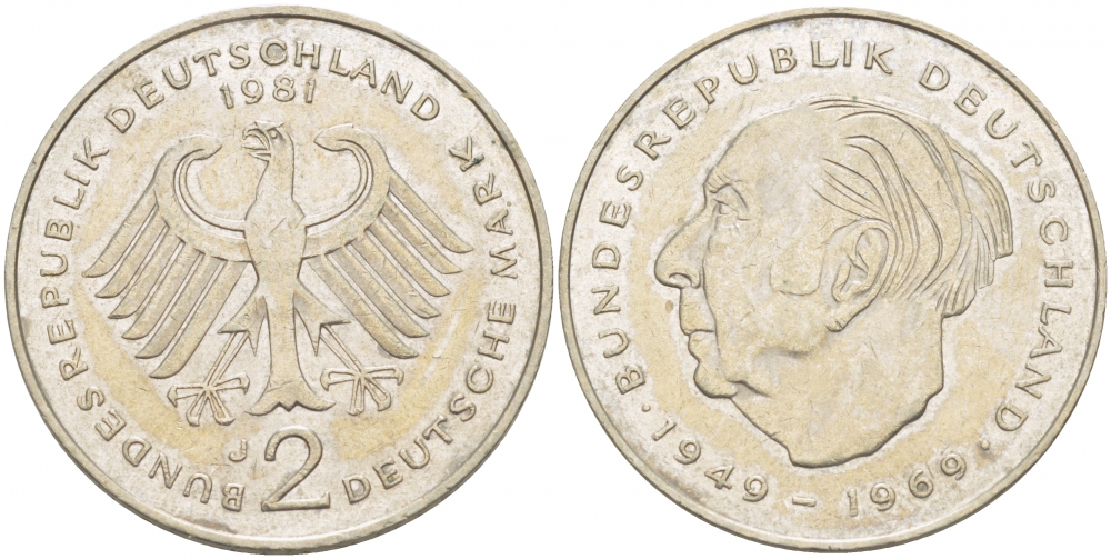 ФРГ 2 марки 1981 J, ТЕОДОР ХОЙС KM 127, J. 407 медно-никель плакированный никелем 3718-1033
