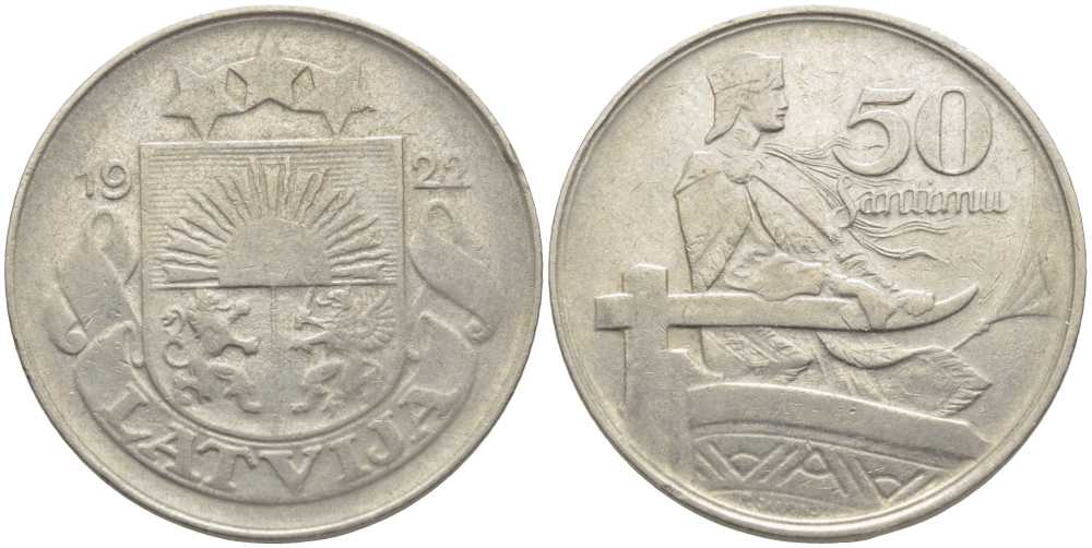 Латвия 50 сантимов 1922 первая Республика (1918-1939) KM 6 никель 113-325