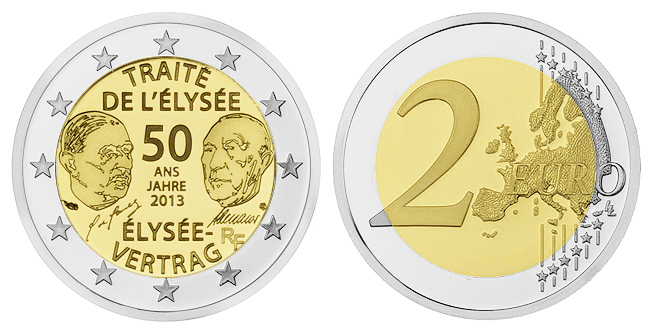 Франция 2 евро 2013 50 лет подписания "Елисейского договора" KM 2094 биметалл UNC M45-05
