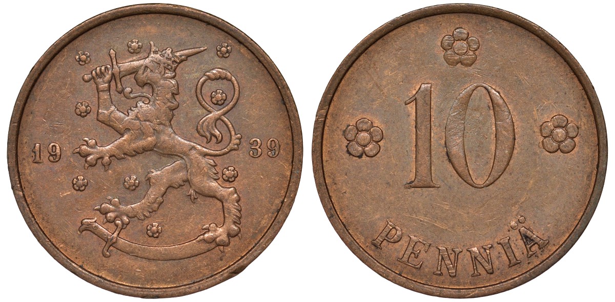 Финляндия 10 пенни 1939 KM 24 медь 51-3141