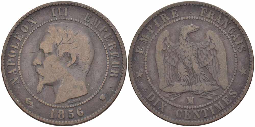 Франция 10 сантимов 1856 MA, Наполеон III (1852-1870) KM 771.6, Le Franc 133.37 бронза    4680-631