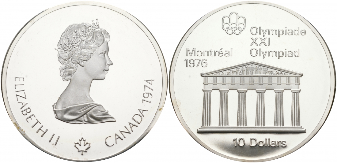 Канада 10 долларов 1974 XXI летние Олимпийские игры в Монреале 1976 года, храм Зевса KM 94 серебро PROOF 01-172-15
