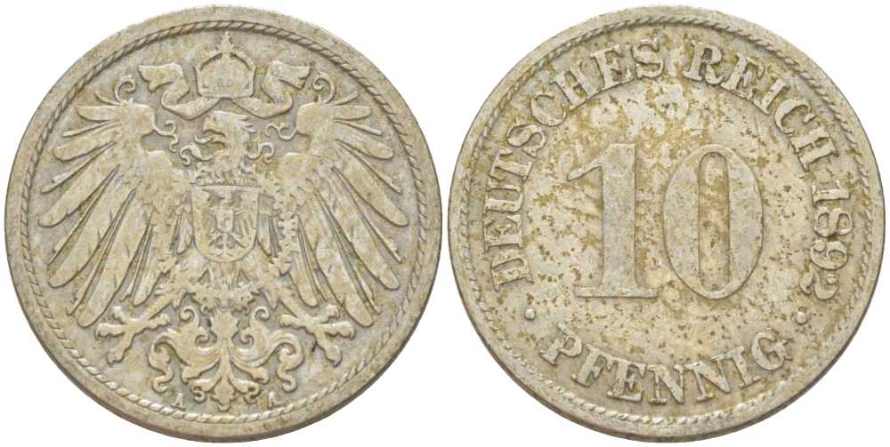 ГЕРМАНИЯ 10 ПФЕННИГОВ 1892 A KM 12, J. 13, Weege 8 медно-никель 261-1245