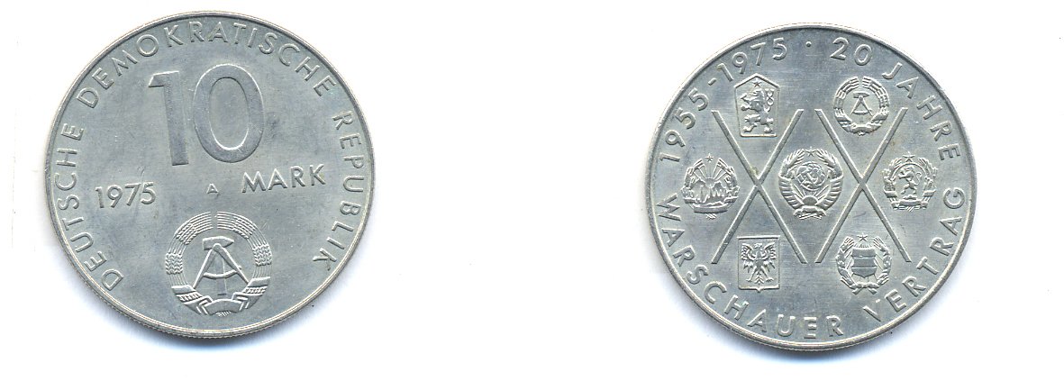 ГДР 10 марок 1975 А, 20 лет Варшавскому договору KM 58, J. 1557 медно-никель UNC 3333-115