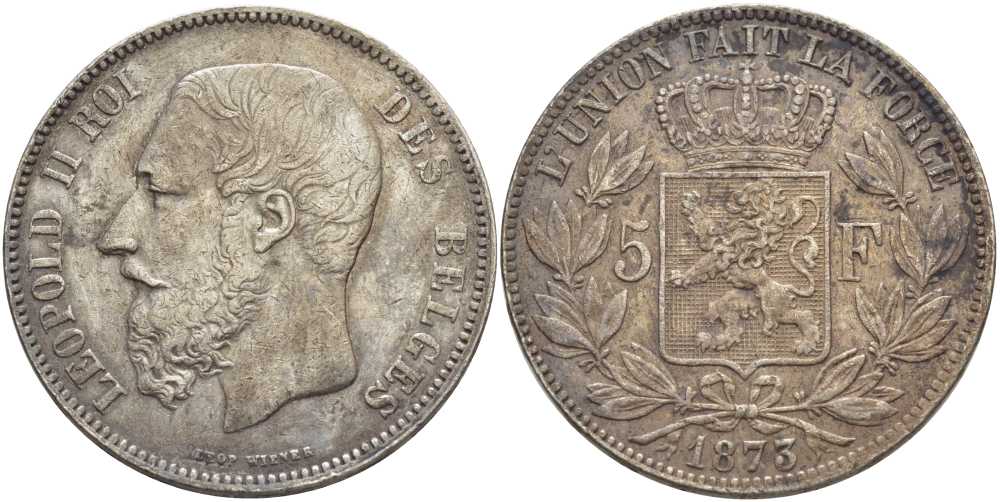 Бельгия 5 франков 1873 Леопольд II (1865-1909), позиция А KM 24 серебро 5010-1012