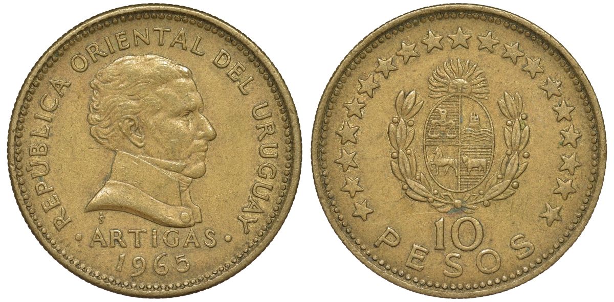 Уругвай 10 песо 1965 KM 48 алюминиевая бронза 69-215
