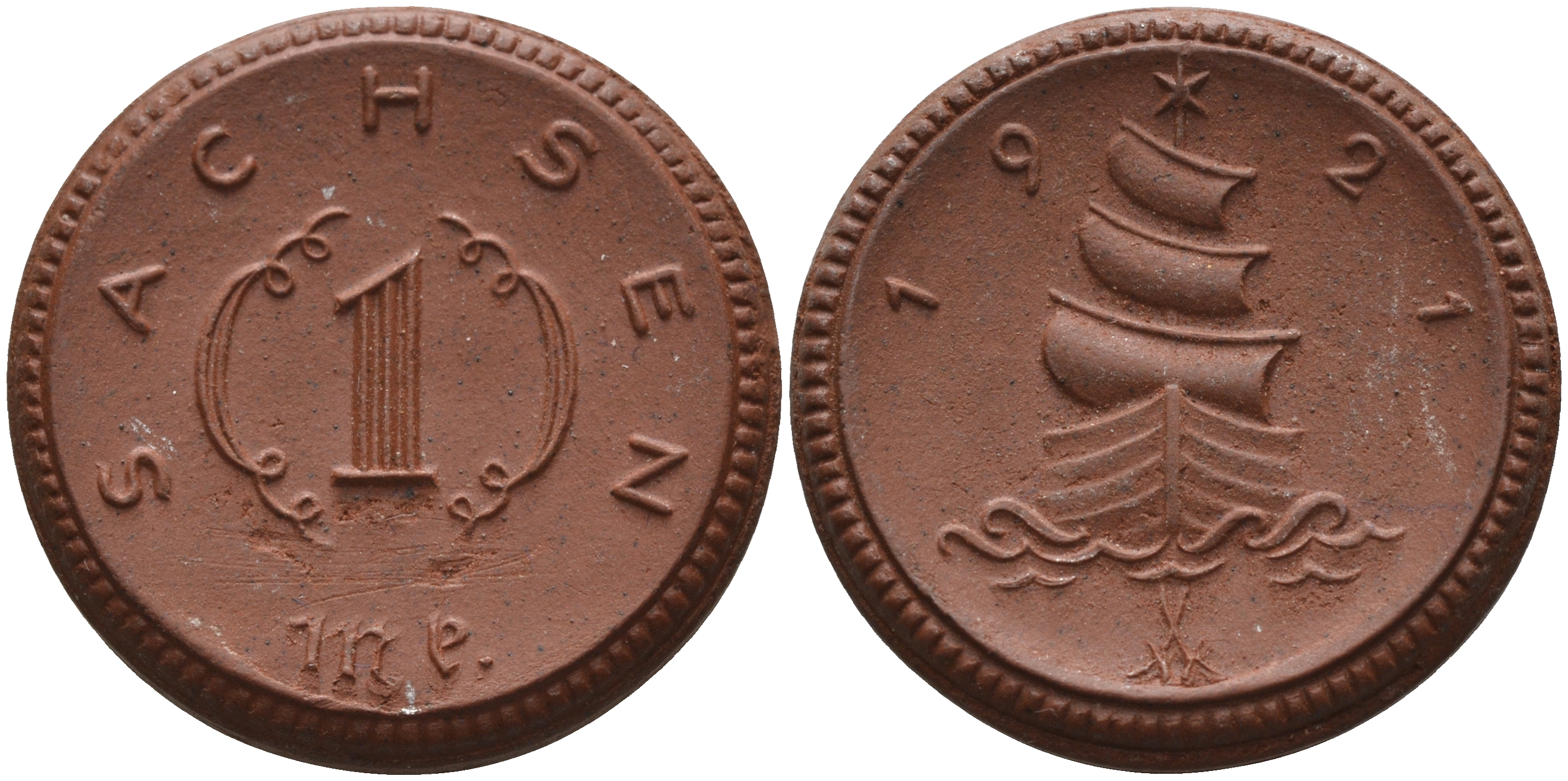 Саксония 1 марка 1921 парусник J. N 55 фарфор 1094-3-83